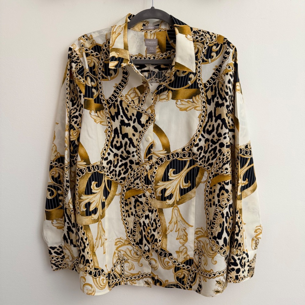 Chico's Baroque Chain Leopard Print Button Up Shirt Blouse Long Sleeve Sz 3.5 18